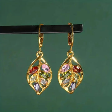 DAIIIBABYYY  -  Fashion Sparkling Colorful Cubic Zirconia Pendant Earrings Multicolor Stone Leaves Rose Gold Charming Pendant Earrings Jewelry
